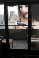 giantess collage city black_hair palm red_lips jade holding_vehicle