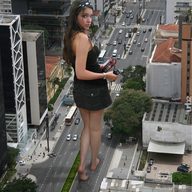 giantess collage city black_hair barefoot unknown_artist shorts sunglasses vehicles dirty_soles black_top looking_behind source_needed cracked_pavement holding_vehicle