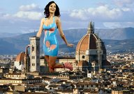 gentle giantess collage city black_hair smiling clouds sky katy_perry cathedral knee_high_boots short_dress