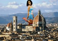 giantess collage city black_hair clouds sky katy_perry cathedral knee_high_boots short_dress