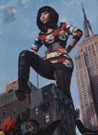 giantess collage city clothed low_angle scared celebrity people photoshoot dark_skin magazine raised_foot thigh_length_boots empire_state_building nicki_minaj hands_on_hips magazine_shoot
