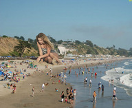 gentle giantess collage blonde beach barefoot ocean sitting people coast sky curly_hair sunny sandy