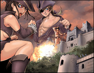 drawing giantess mega color destruction giant blue_eyes red_eyes brunette castle multiple_sizes vivian giantesses pirate