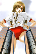 drawing gentle giantess collage city blonde color anime uniform shorts looking_down skyscraper