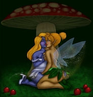 drawing wings blonde color long_hair blue_eyes anime yellow_eyes short_hair unknown_artist sitting kissing mushroom blue_skin lesbians tinkerbell shrunken_woman tinies disney smurfette looking_at_viewer source_needed groping hair_bun