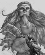 drawing giantess monochrome long_hair finger anime low_angle shrunken_men hand looming reaching grabbing earrings tiara no_background