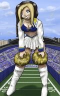 drawing giantess blonde color cleavage anime skyline stadium cheerleader grin shrunken_people cruel crowds mini_skirt