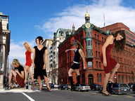 giantess crush collage blonde brunette small_breasts dress town shrunken_people looking_down giantesses streets vehicles mini_skirt