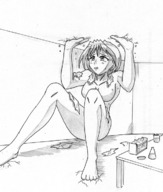 drawing growth nude monochrome barefoot anime indoors outgrowing_space
