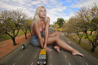 giantess feet blonde long_hair cleavage bra cars sitting legs shorts highway looking_up road docop jenni_czech