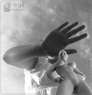 breasts nude pussy size_difference blonde monochrome hand reaching great_manitou grabbing hands_on_hips
