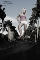 giantess collage blonde barefoot legs shorts looking_down people streets outdoors palm_trees top tiny_dreamer