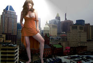 breasts giantess collage city barefoot red_hair dress looking_down grey_clouds