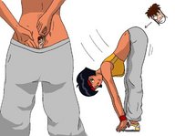 drawing black_hair butt clothed brunette shrunken_man cruel pants dark_skin stretching totally_spies headband mischevious alex sports_bra butt_entrapment bare_midriff