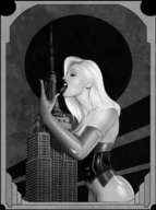 drawing giantess vore blonde monochrome anime empire_state_building pin_up