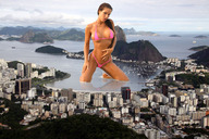 breasts collage city mega swimsuit water ocean brunette unknown_artist kneeling bay boats skyscrapers clouds sky looking_at_viewer islands hills