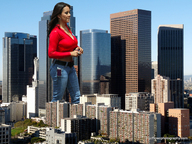 giantess collage city black_hair clothed jeans sunny belt red_top