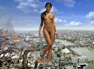 breasts giantess collage nude pussy city black_hair destruction exotic smiling asian ponytail fire london smoke clouds sky