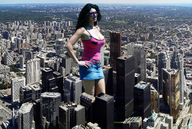 giantess collage city black_hair shorts sunglasses sunny top hands_on_hips