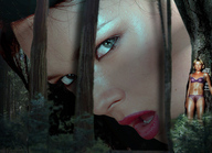giantess collage panties blonde black_hair bra face shrunken_woman close_up woods forest hiding trees pink_lips