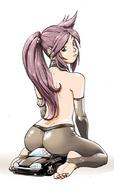 drawing giantess feet color long_hair butt barefoot soles butt_crush anime purple_hair gloves ponytail sitting nylons vehicles