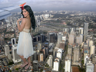 collage city barefoot brunette white_dress looking_at_viewer aircraft_wing