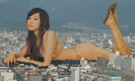 collage city mega black_hair swimsuit destruction asian lying_down dirty_soles