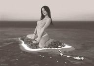 breasts collage mega monochrome black_hair ocean topless island kneeling rld