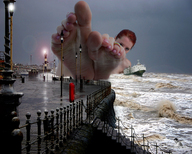 giantess collage feet soles wet red_hair waves pink_nails toe_ring ships grey_clouds sea_front stormy