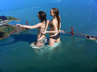 gentle giantess collage mega black_hair swimsuit water wet laughing giantesses sunny golden_gate_bridge wet_hair