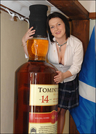 black_hair cleavage skirt bottle shrunken_woman white_shirt