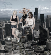 breasts giantess collage city blonde dance playful jeans shoes shorts giantesses vehicles top tiny_dreamer