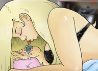 breasts drawing gentle blonde color handheld bra anime lying_down kissing men shrunken_man closed_eyes on_palm