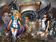 breasts drawing giantess city blonde comic black_hair color cleavage skirt anime dress queen shrunken_woman artistic alice_in_wonderland hair_bow hairband white_rabbit queen_of_hearts mad_hatter alice