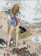 drawing giantess comic color clothed barefoot anime town gullivera dialogue foreign milo_manara makeshift_clothing