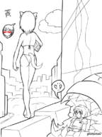 drawing giantess city monochrome swimsuit anime expired_popsicle cat_girl