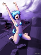 drawing giantess color swimsuit destruction anime blue_hair cat_girl yawn