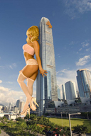 breasts giantess collage city mega blonde high_heels buildings lingerie leaning_against_building sham_giu