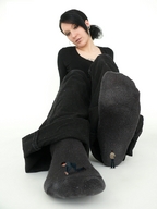 gentle collage feet black_hair long_hair soles climbing jeans clean socks ponytail unknown_artist shrunken_woman goth tattoo gothic_girl dirty_socks source_needed looking_at_tiny pierced_lip
