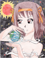 drawing giantess giga space color planet anime brunette haruhi_suzumiya cosmic_giantess