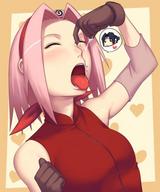 drawing giantess micro vore color tongue sakura saliva anime sasuke pink_hair gloves shrunken_man naruto_(series)