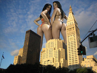 collage city black_hair butt swimsuit skyscraper giantesses point_of_view