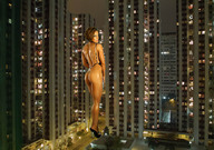 giantess collage city high_heels brunette unknown_artist streets night lights looking_at_viewer between_buildings