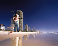 gentle giantess beach water high_heels helicopter jeans skyscraper