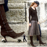 collage handheld high_heels red_hair shrunken_men looking_down between_fingers boot_crush split_screen knee_high_boots cap looking_at_tiny