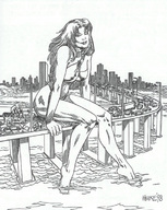 drawing giantess monochrome bridge traffic anime sitting legs