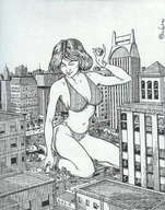 drawing giantess city monochrome swimsuit anime kneeling people grabbing