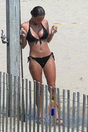swimsuit brunette shower shrunken_men outdoors tan