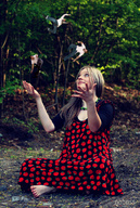 collage blonde noboss dress shrunken_men sitting shrunken_man outdoors juggling