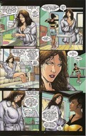 drawing giantess comic cleavage anime brunette sitting shorts table shrunken_woman dark_skin doll_house doom_patrol sofa dialogue slippers legs_crossed looking_at_tiny dc_comics bare_legs bathrobe elasti-girl bare_midriff bumblebee rita_farr